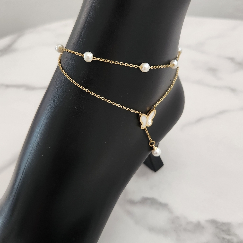 Gold Plated Butterfly Artificial Pearl Layered Design Anklet - Picture 5 of 13